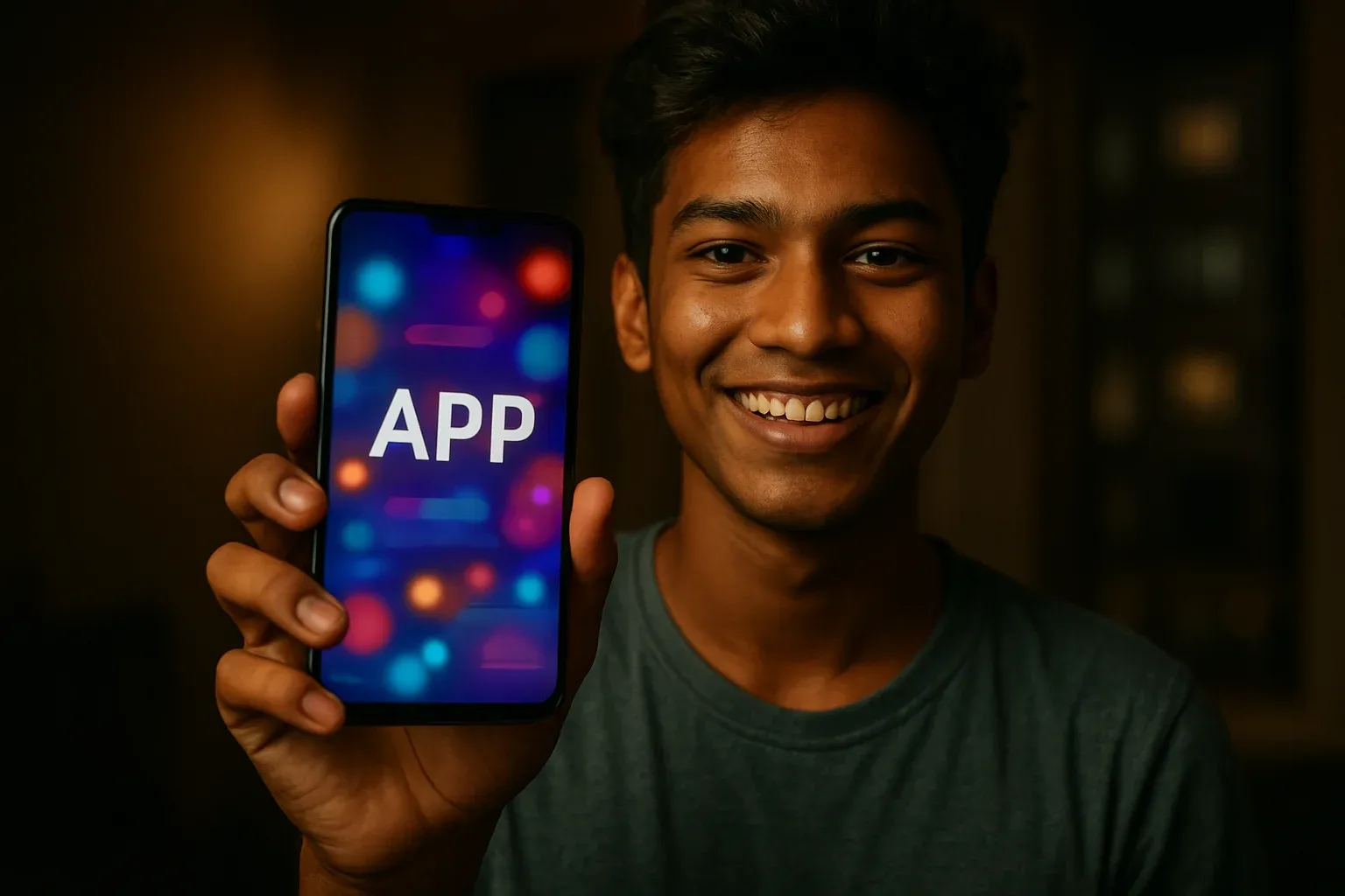 Young Bangladeshi man smiling, holding smartphone with colorful gaming app screen