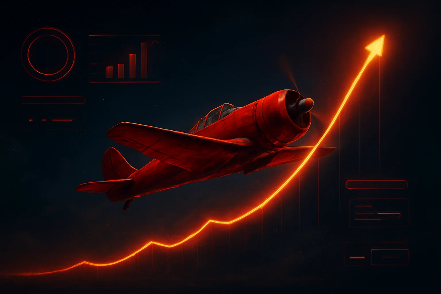 Red aviator plane soaring upward with glowing multiplier trail at night
