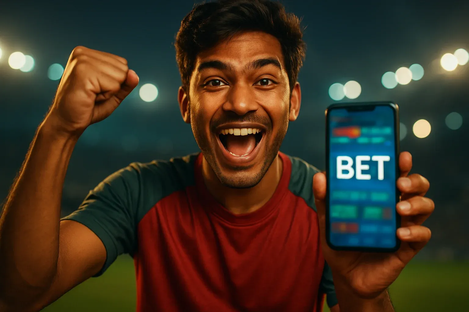 Excited young Bangladesh man cheering with smartphone showing blurred sports betting interface