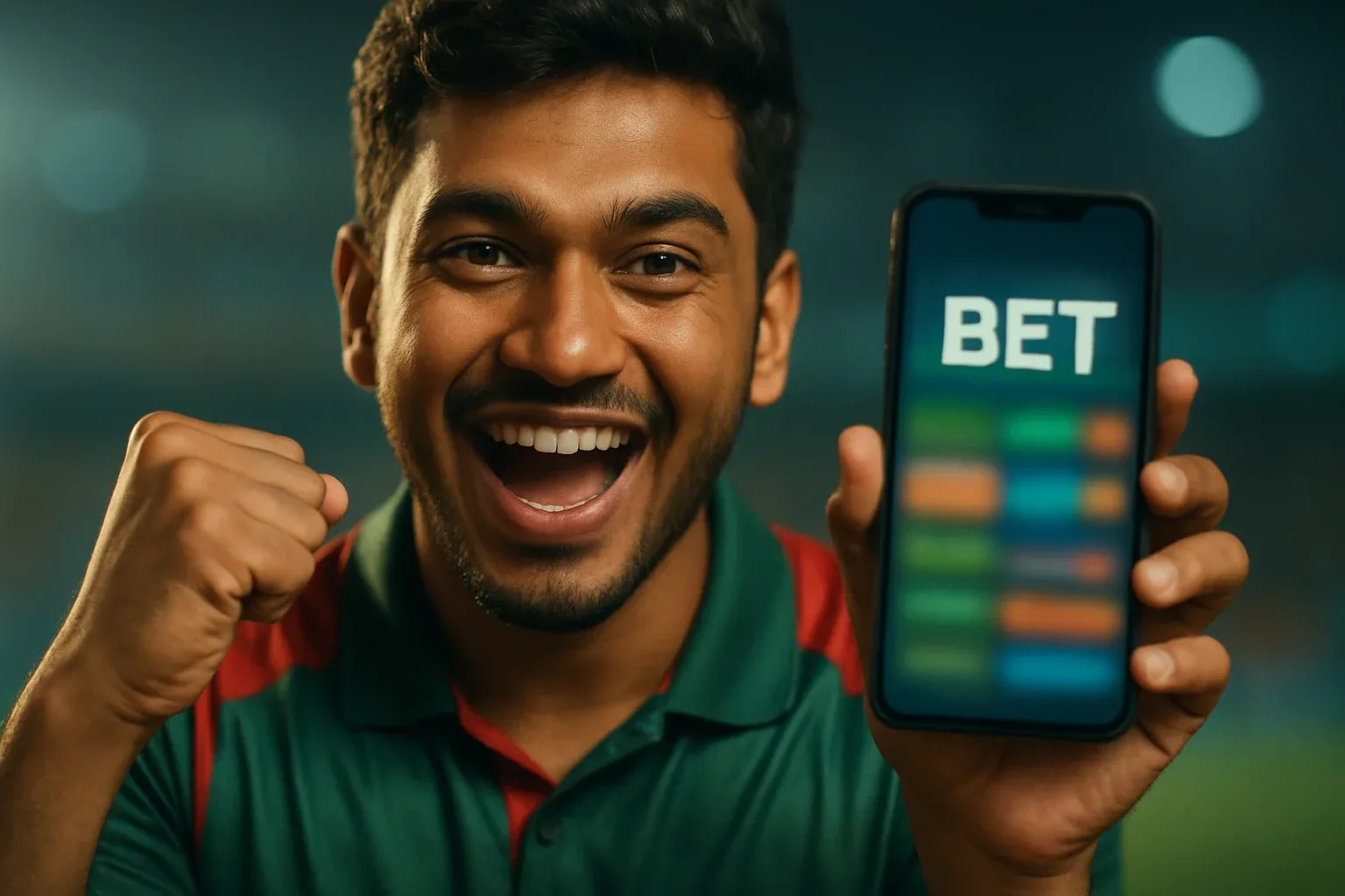 Excited Bangladeshi man holding smartphone with sports betting screen and BET text