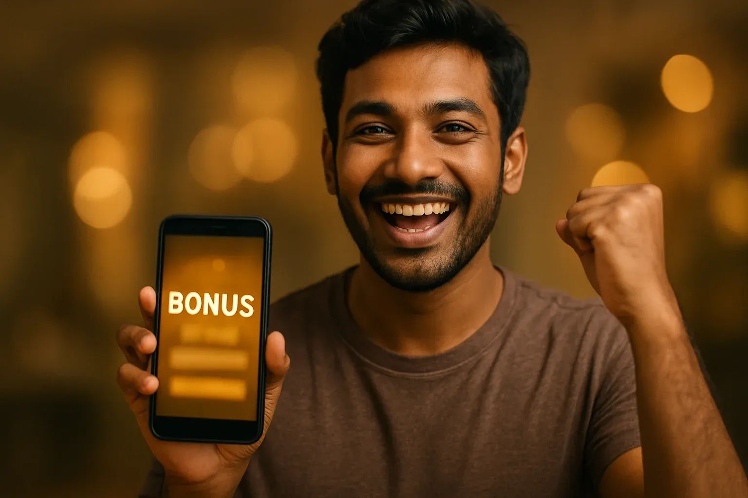 Joyful Bangladesh man holding smartphone with glowing bonus reward screen
