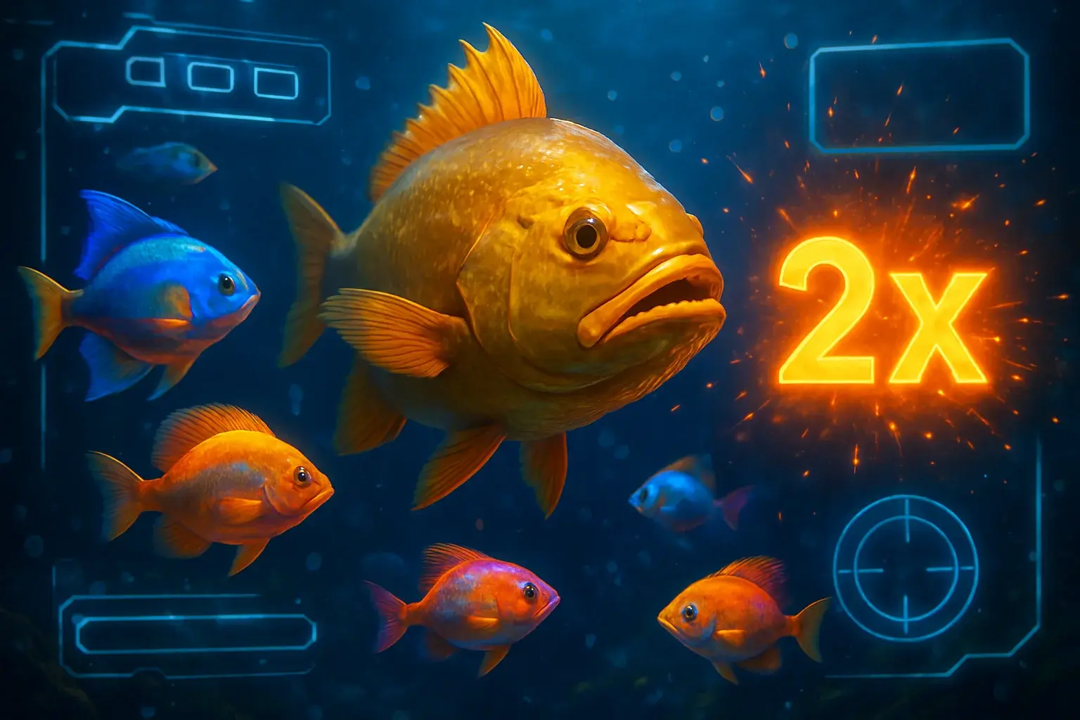 Hyperrealistic underwater arcade scene with glowing tropical fish and golden boss fish