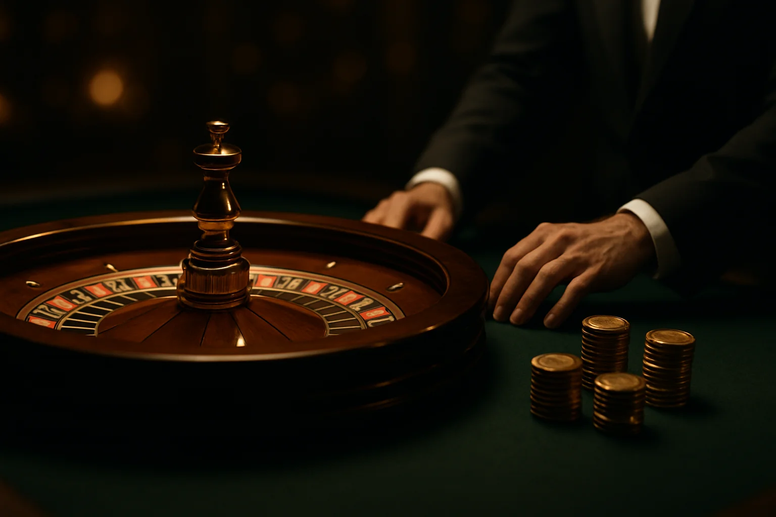 Elegant live casino roulette table with dealer hands and golden chips