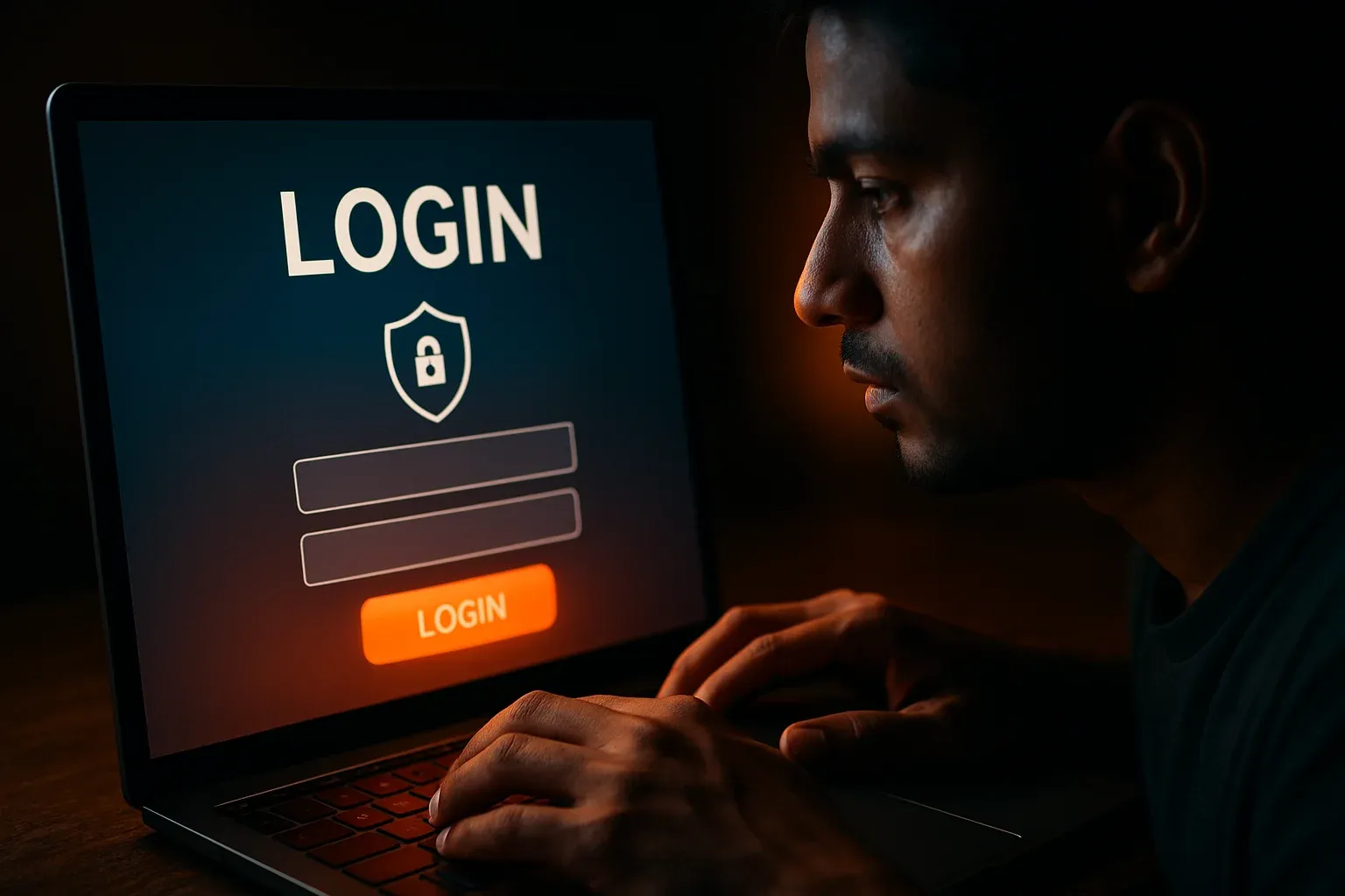 Young Bangladeshi man's hands on laptop showing LOGIN sign-in screen