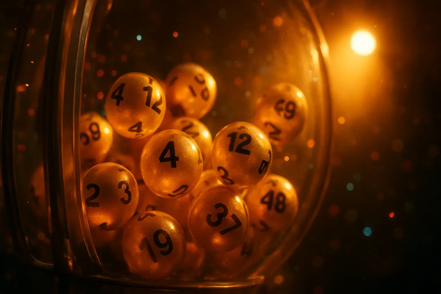 Glowing golden lottery balls tumbling inside a transparent draw machine