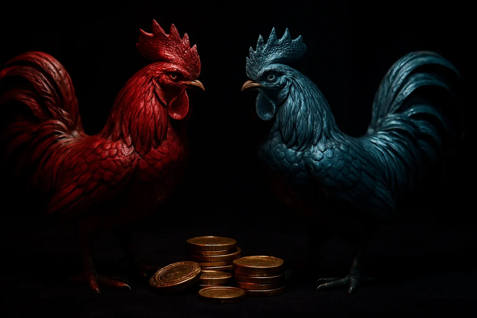 Decorative rooster statuettes with casino chips on dark velvet surface