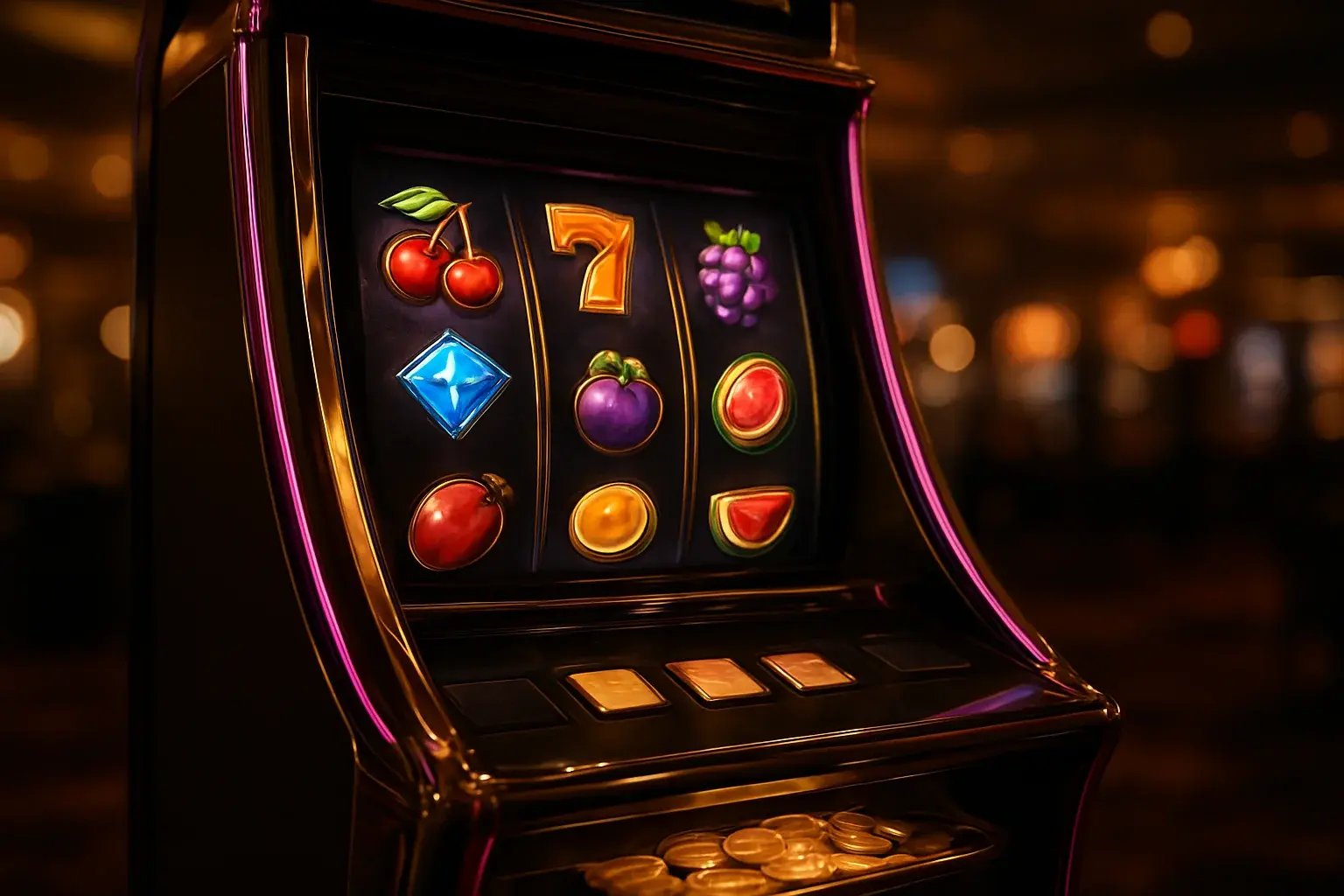 Premium slot machine with glowing reels in a dark luxury casino