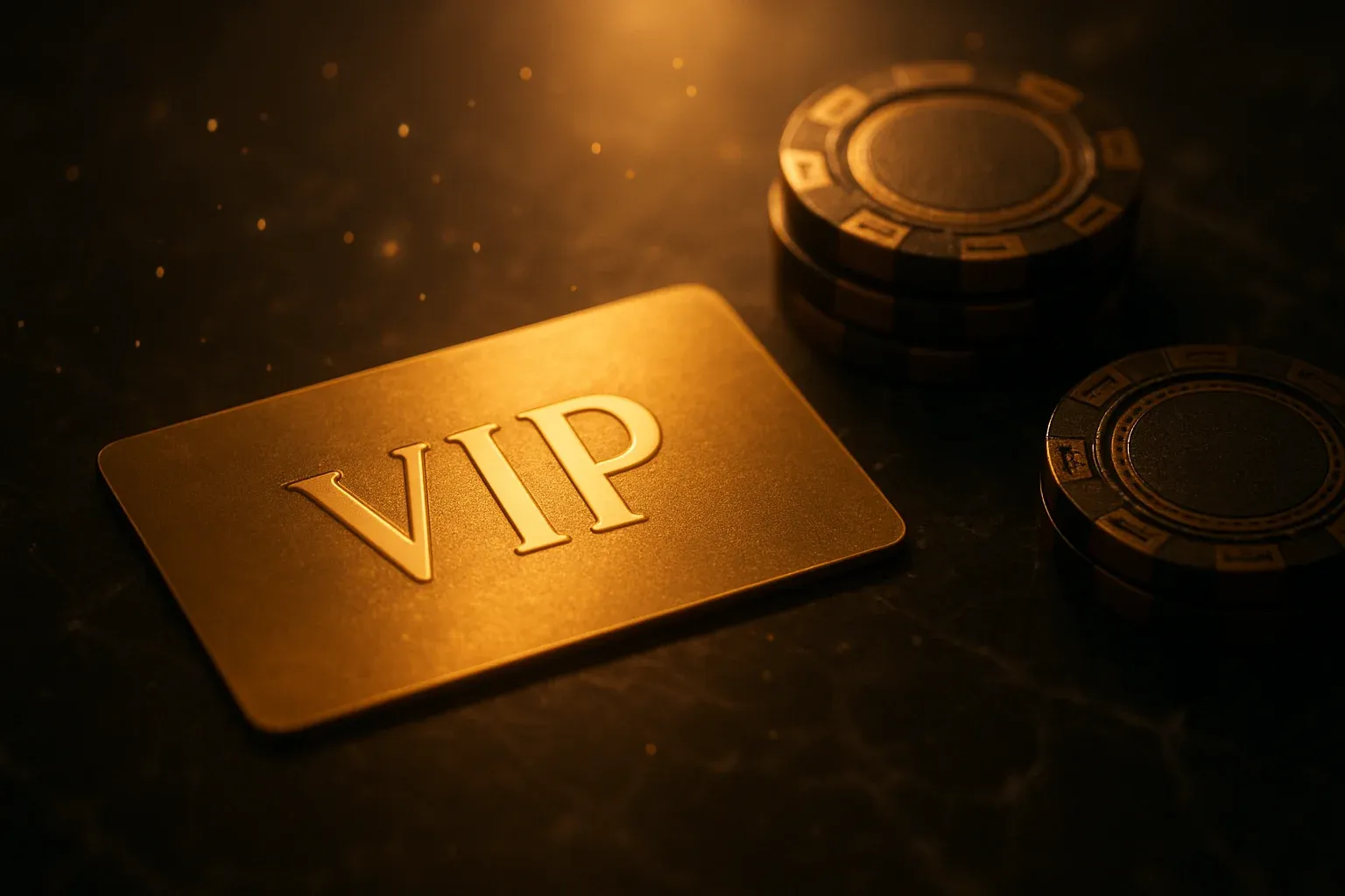 Glowing golden VIP card on dark marble with casino chips